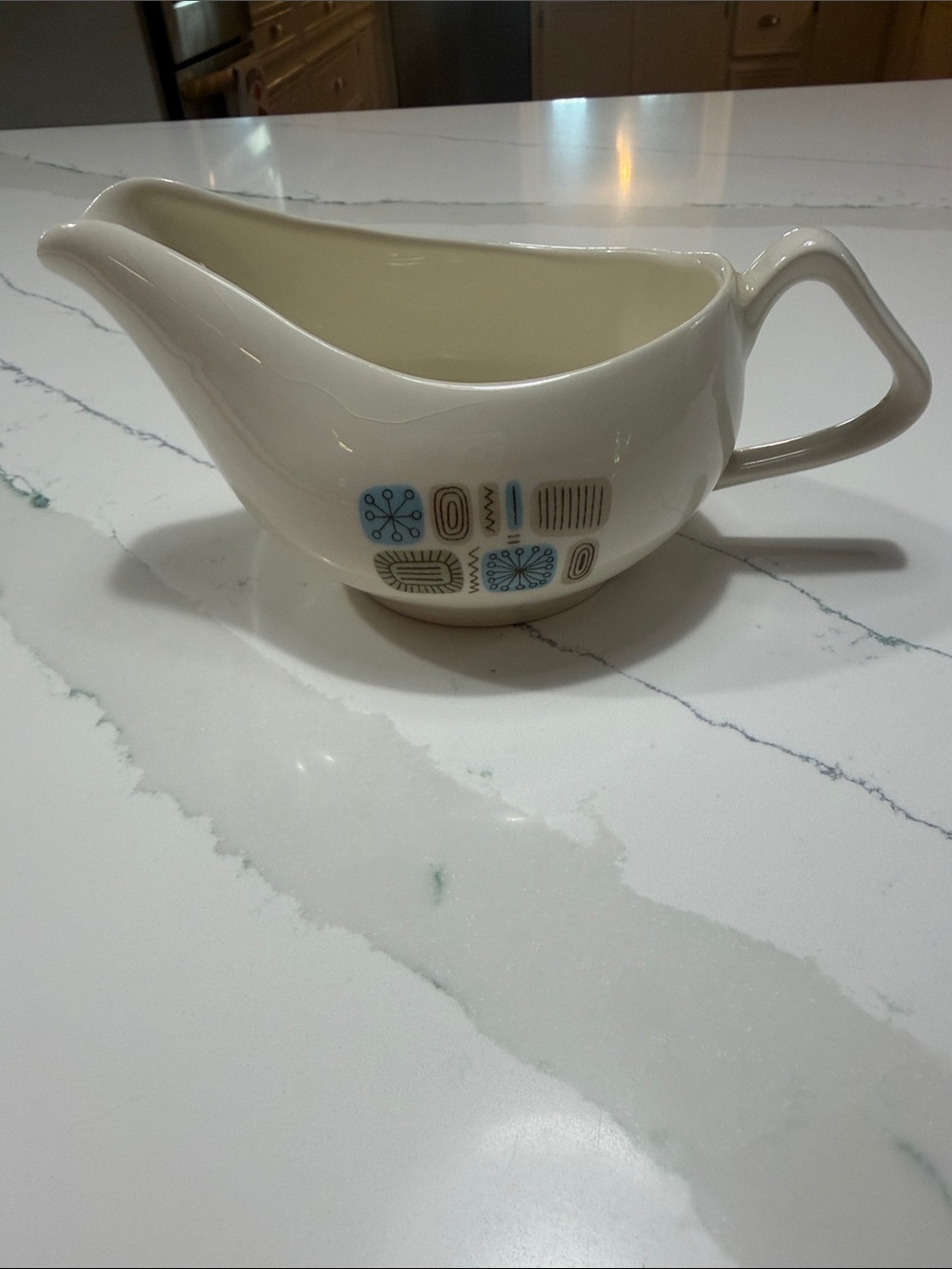 Mid-Century Style White Ceramic Gravy Boat with Blue and Tan Motif